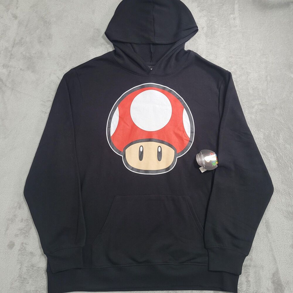 Super Mario Hoodie Mens 2XL Black Pullover Power Up Mushroom Nintendo Graphic